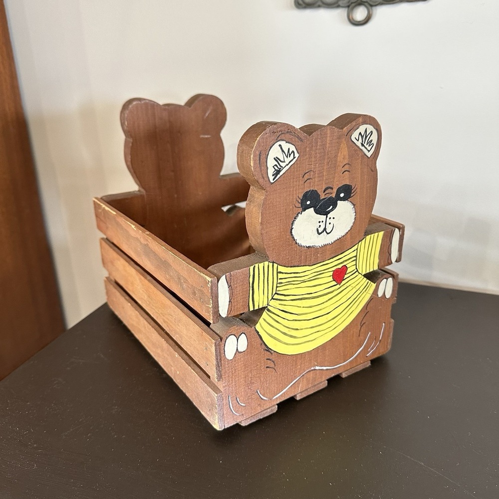 Toy Storage Wooden Box Carved Painted Stained Crate Bear Figurines Basket Rustic